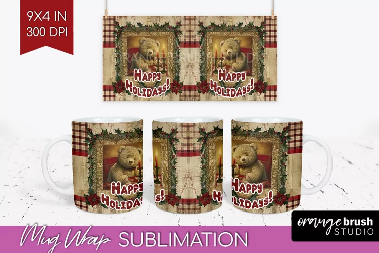 Vintage Christmas Mug Wrap - Retro Xmas 15Oz Mug Sublimation