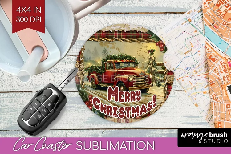 Vintage Christmas Car Coaster PNG - Xmas Coaster Sublimatoin