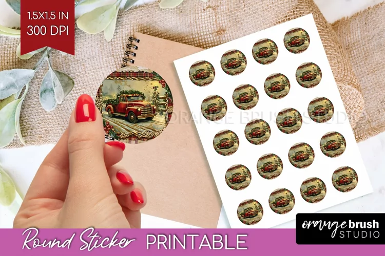 Vintage Christmas Round Sticker - Retro Printable Stickers