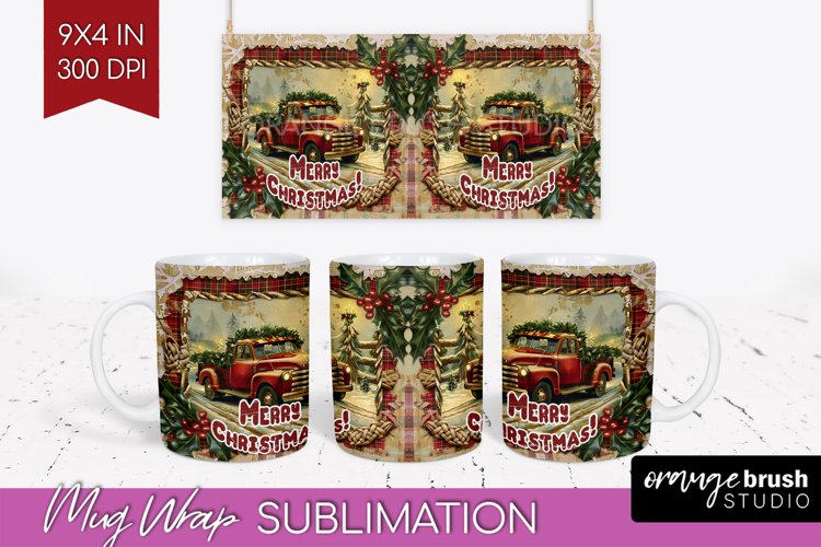 Vintage Christmas Mug Wrap - Retro Xmas 15Oz Mug Sublimation