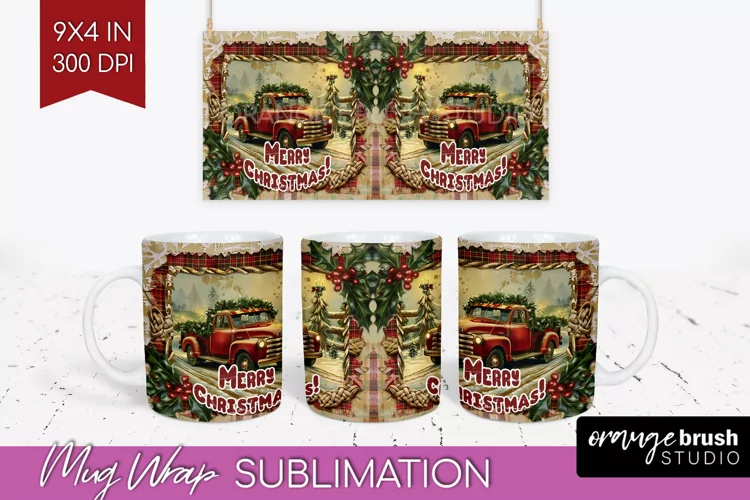 Vintage Christmas Mug Wrap - Retro Xmas 15Oz Mug Sublimation