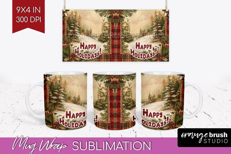 Vintage Christmas Mug Wrap - Retro Xmas 15Oz Mug Sublimation example image 1