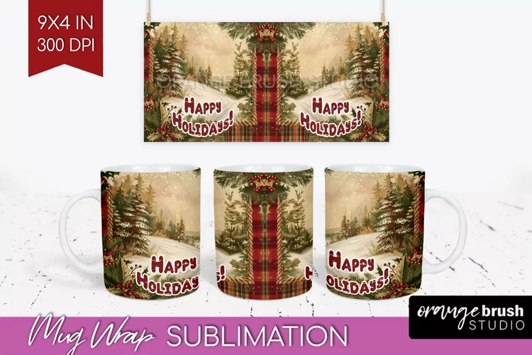 Vintage Christmas Mug Wrap - Retro Xmas 15Oz Mug Sublimation