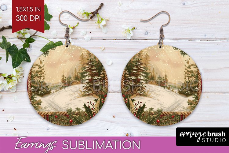 Vintage Christmas Round Earrings - Retro Xmas Sublimation example image 1