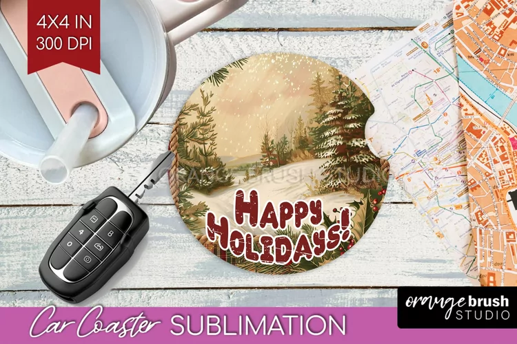 Vintage Christmas Car Coaster PNG - Xmas Coaster Sublimatoin
