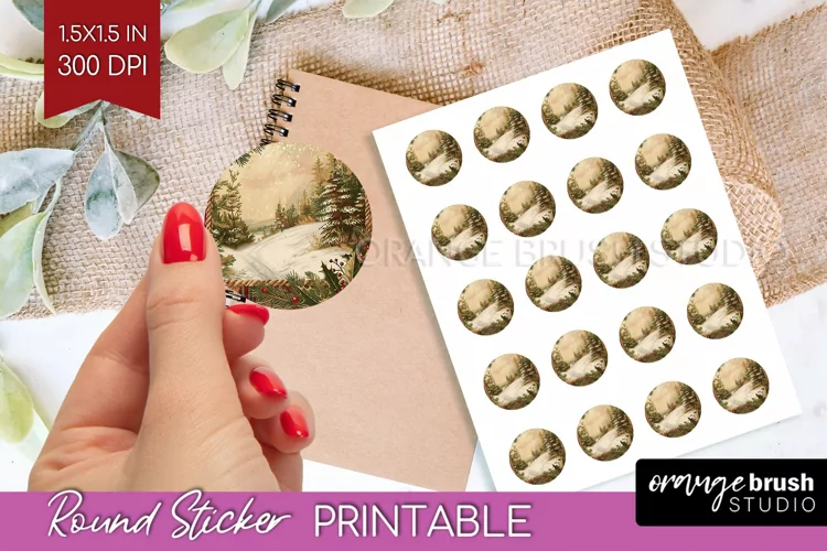 Vintage Christmas Round Sticker - Retro Printable Stickers