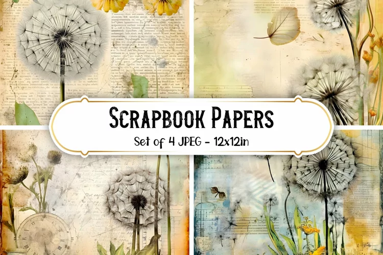 4 Vintage Dandelion Scrapbook Paper Backgrounds
