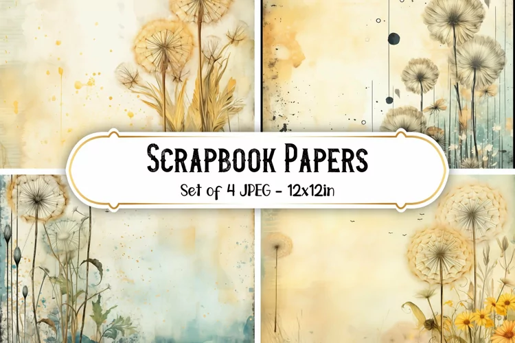 4 Vintage Dandelion Scrapbook Paper Backgrounds
