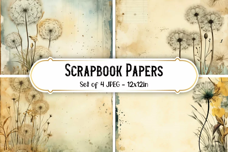 4 Vintage Dandelion Scrapbook Paper Backgrounds