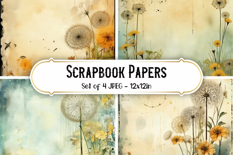 4 Vintage Dandelion Scrapbook Paper Backgrounds