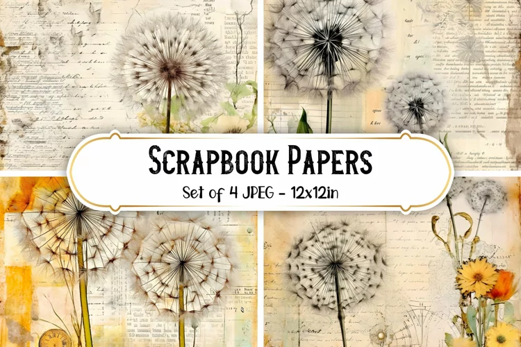 4 Vintage Dandelion Scrapbook Paper Backgrounds