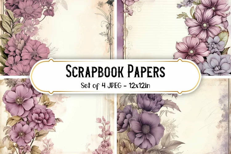 4 Vintage Mauve Flower Scrapbook Paper Backgrounds