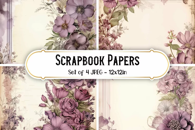 4 Vintage Mauve Flower Scrapbook Paper Backgrounds