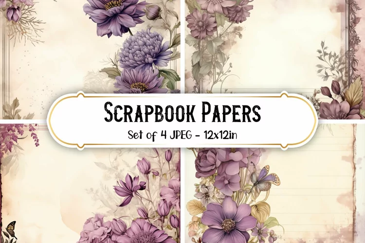4 Vintage Mauve Flower Scrapbook Paper Backgrounds