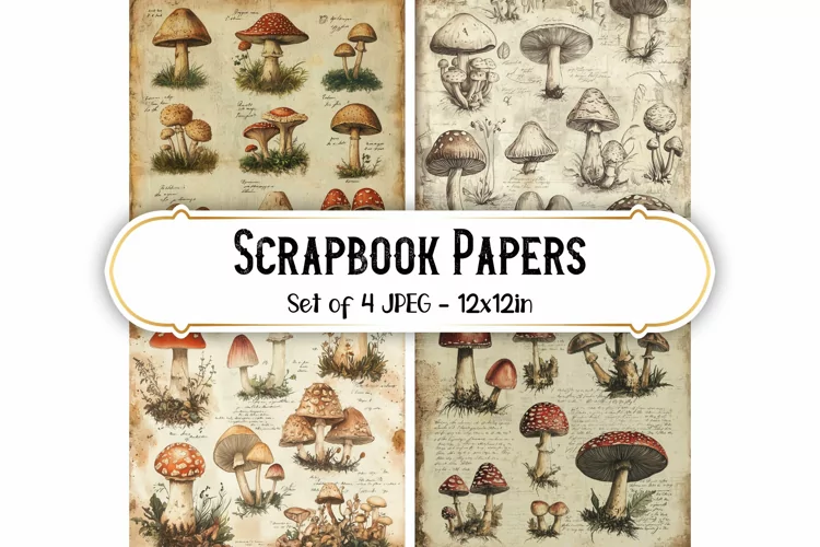 4 Vintage Mushroom Backgrounds | Scrapbook papers