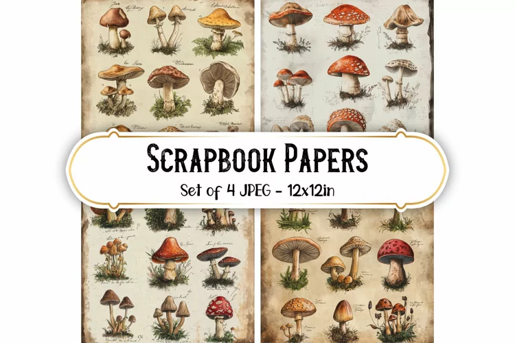 4 Vintage Mushroom Backgrounds | Scrapbook papers