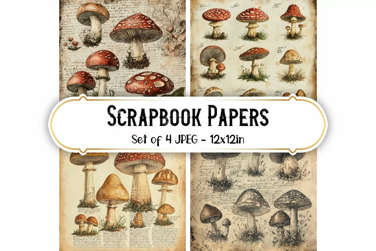 4 Vintage Mushroom Backgrounds | Scrapbook papers