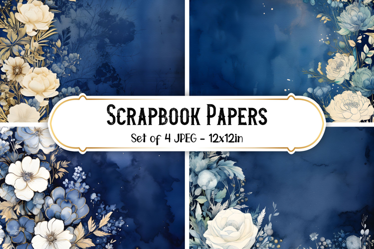 4 Vintage Navy Blue Flower Scrapbook Paper Backgrounds