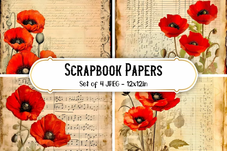 4 Vintage Poppy Paper Backgrounds | Scrapbook papers