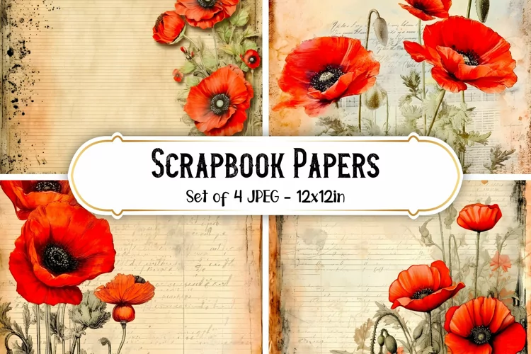 4 Vintage Poppy Paper Backgrounds | Scrapbook papers