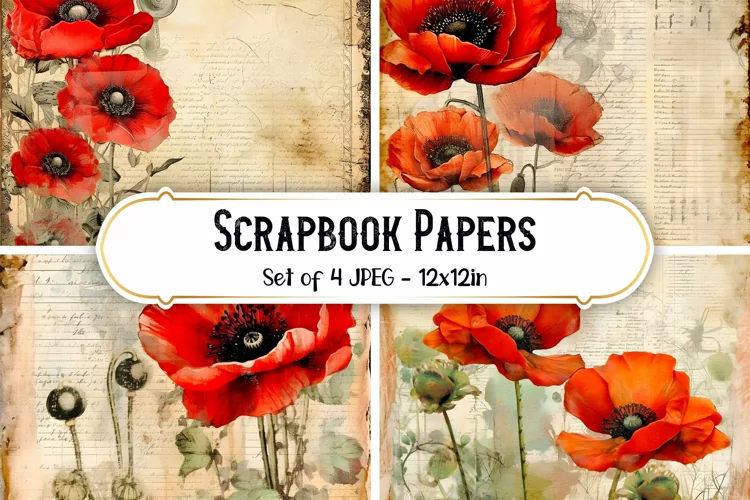 4 Vintage Poppy Paper Backgrounds | Scrapbook papers
