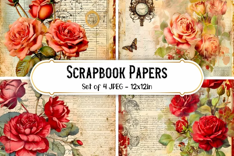 4 Vintage Rose Paper Backgrounds | Scrapbook papers
