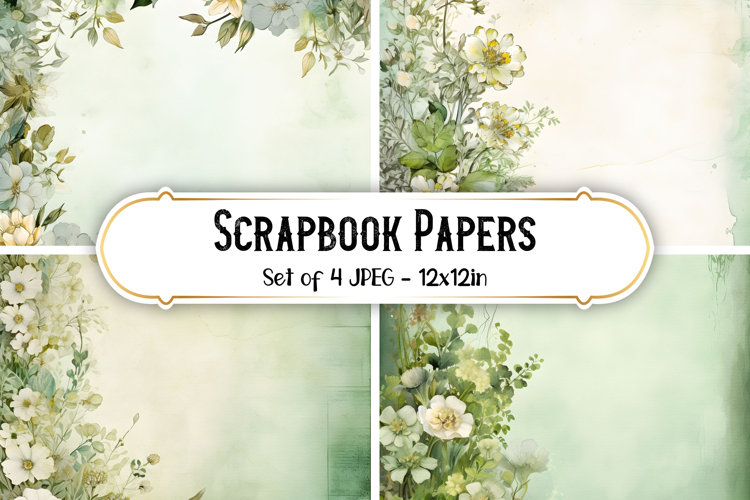 4 Vintage Sage Green Flower Scrapbook Paper Backgrounds
