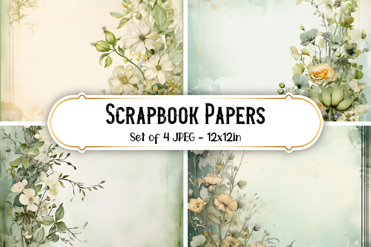 4 Vintage Sage Green Flower Scrapbook Paper Backgrounds