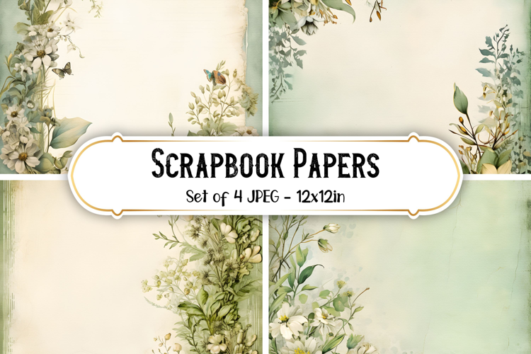 4 Vintage Sage Green Flower Scrapbook Paper Backgrounds