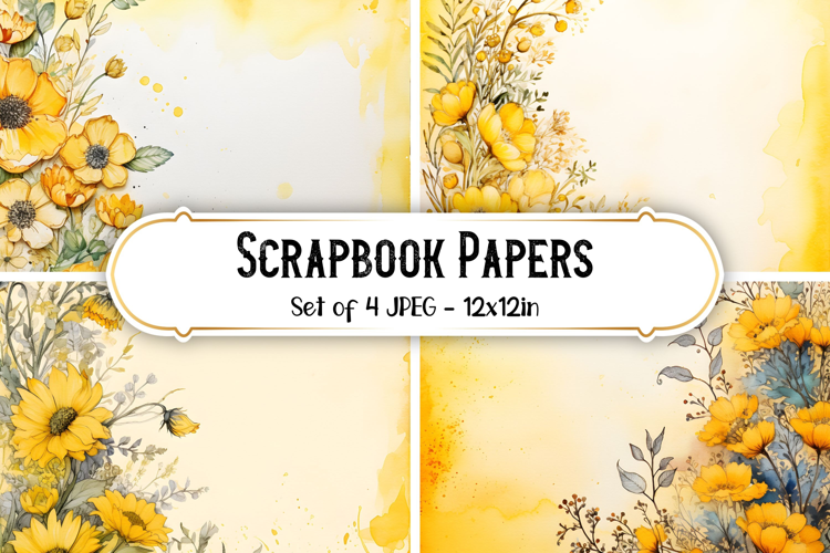 4 Vintage Sunny Yellow Flower Scrapbook Paper Backgrounds