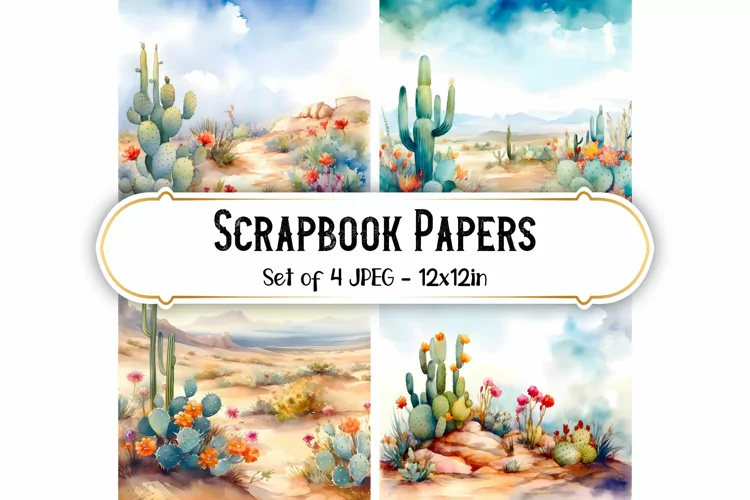 4 Watercolor Desert Scene Backgrounds | Scrapbook papers