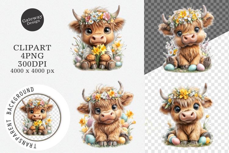 Watercolor Easter Highland Cow Clipart