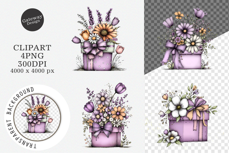 Watercolor Floral Gift Box Clipart