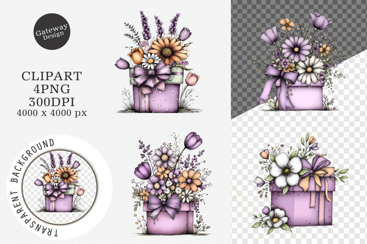 Watercolor Floral Gift Box Clipart