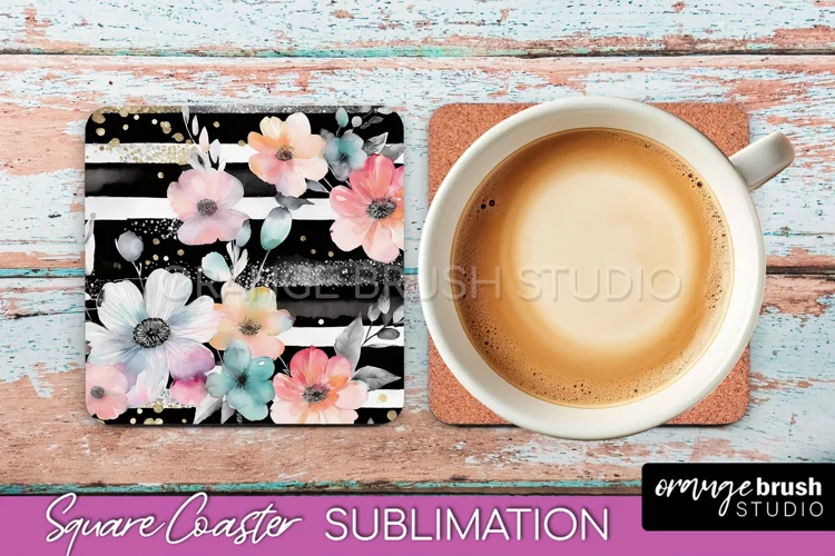 Watercolor Flowers Square Coaster - Floral Pink Sublimation