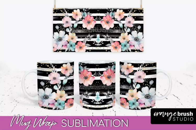 Pink Watercolor Flowers Mug Wrap - Floral Mug Sublimation