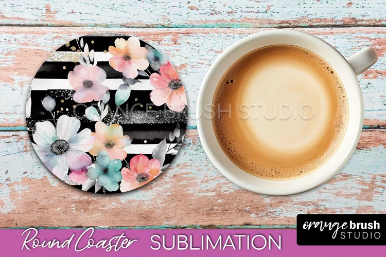 Watercolor Flowers Round Coaster - Floral Pink Sublimation
