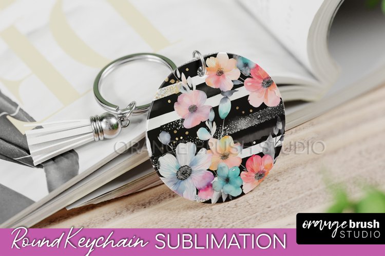 Pink Flowers Keychain, Floral Keychain Sublimation Design