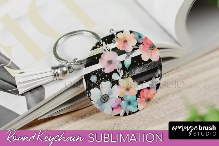 Pink Flowers Keychain, Floral Keychain Sublimation Design