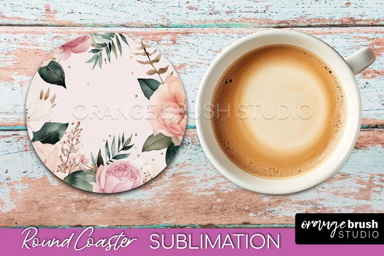 Watercolor Flowers Round Coaster - Floral Pink Sublimation