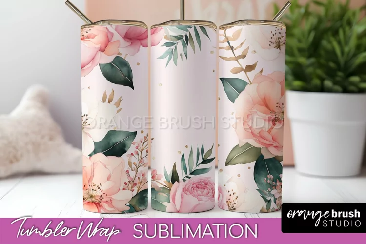 Floral Tumbler Wrap - Pink Flowers Watercolor Tumbler PNG