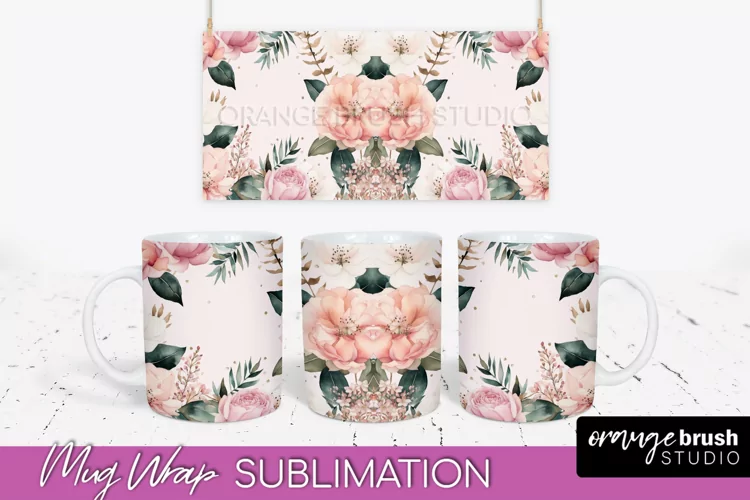 Pink Watercolor Flowers Mug Wrap - Floral Mug Sublimation