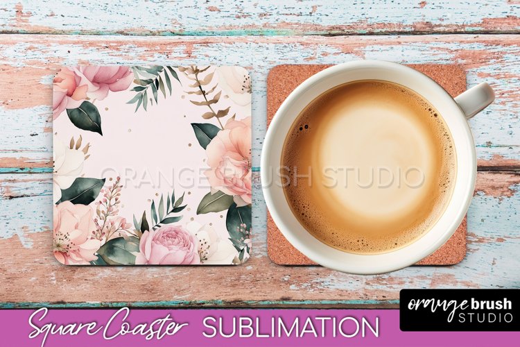 Watercolor Flowers Square Coaster - Floral Pink Sublimation