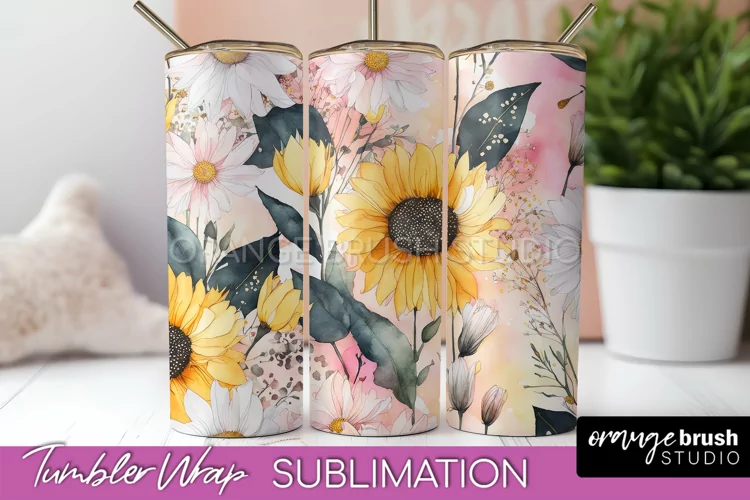 Floral Tumbler Wrap - Pink Flowers Watercolor Tumbler PNG