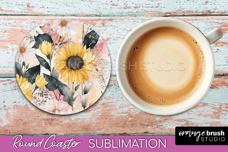 Watercolor Flowers Round Coaster - Floral Pink Sublimation