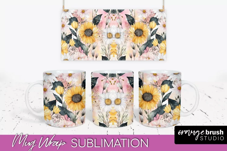 Pink Watercolor Flowers Mug Wrap - Floral Mug Sublimation