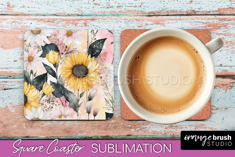 Watercolor Flowers Square Coaster - Floral Pink Sublimation