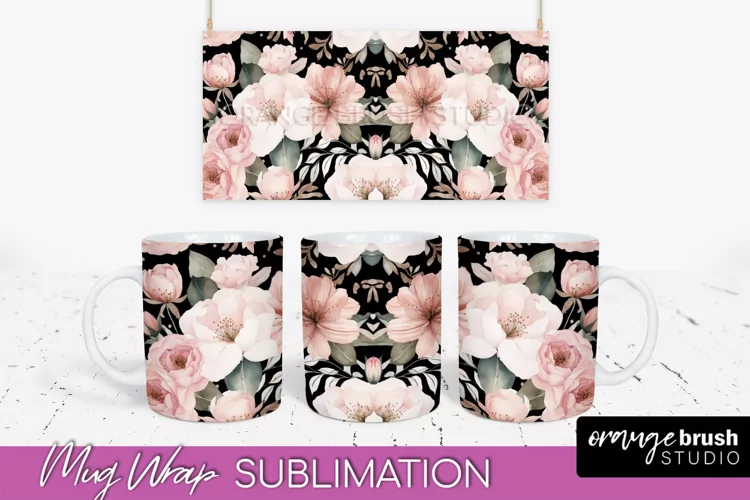 Pink Watercolor Flowers Mug Wrap - Floral Mug Sublimation