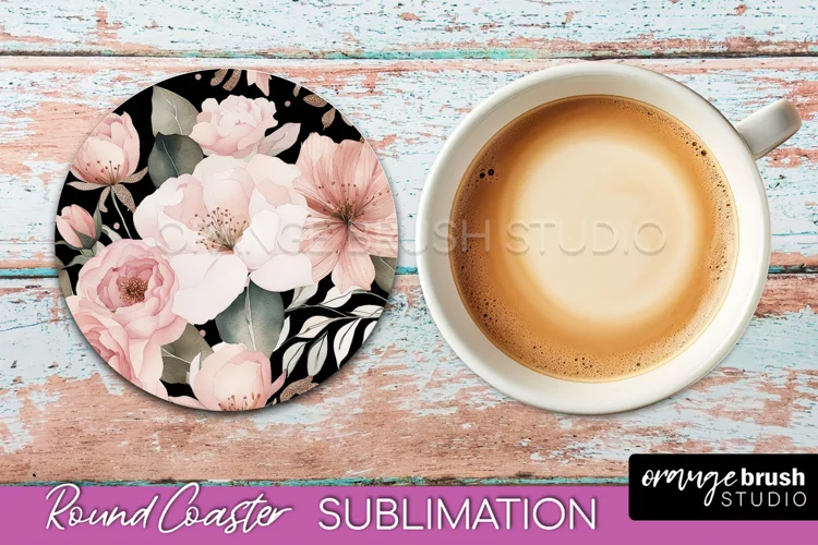 Watercolor Flowers Round Coaster - Floral Pink Sublimation