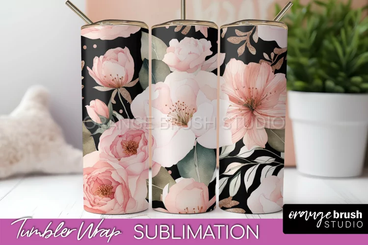 Floral Tumbler Wrap - Pink Flowers Watercolor Tumbler PNG